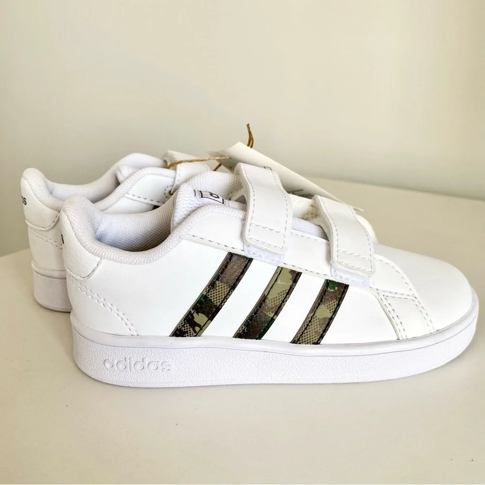 adidas Grand Court White & Camouflage Velcro Straps Toddler Sneakers New Size 9